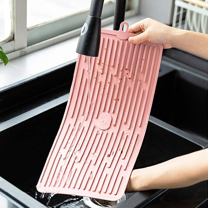 Dish Drying Mat,Large Silicone Drying Mat,Silicone Kitchen Countertop Drying Mat for Pots, Pans, Glassware, Silverware (Pink)