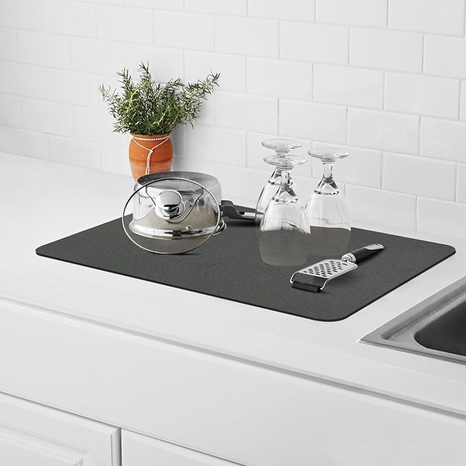 2PCS 12" x 19" Dish Drying Mat & 24" x 5.5" Faucet Mat for Kitchen Sink, Super Absorbent Kitchen Counter Mats & Sink Splash Guard, Easy to Clean Dark Gray Dish Rack Pad for Dishes Countertop