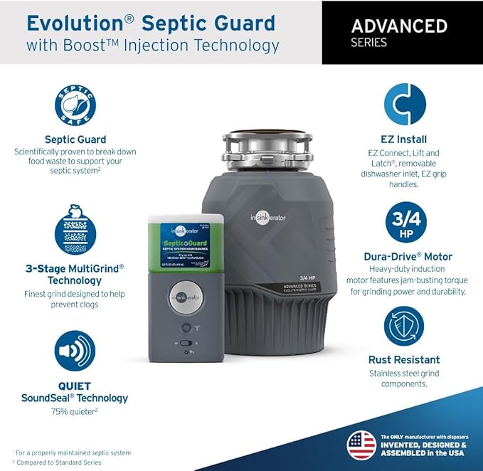 INSINKERATOR Evolution Septic Guard 3/4 HP Garbage Disposal, Advanced Series EZ Connect Continuous Feed Food Waste Disposer and INSINKERATOR BOOST System with Septic Guard