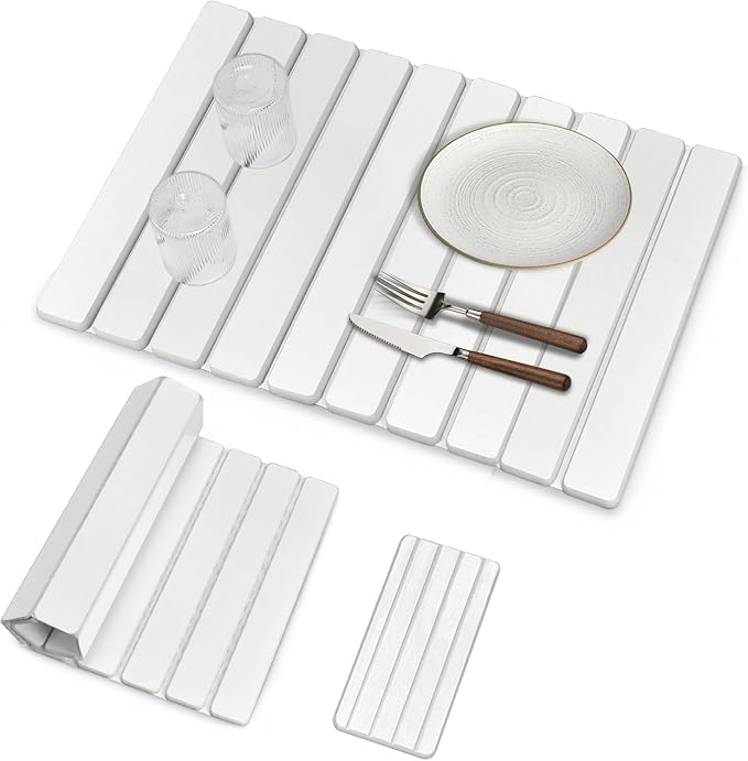 Large Stone Dish Drying Mats for Kitchen Counter, Quick Drying Collapsible Dish Drying Mat, Eco-Friendly Absorbent Diatomaceous Earth Mats for Dishes Cups, Match Any Countertop (White 24"×16" & 8"x4")