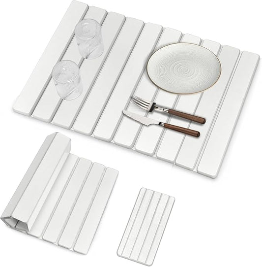 Large Stone Dish Drying Mats for Kitchen Counter, Quick Drying Collapsible Dish Drying Mat, Eco-Friendly Absorbent Diatomaceous Earth Mats for Dishes Cups, Match Any Countertop (White 24"×16" & 8"x4")