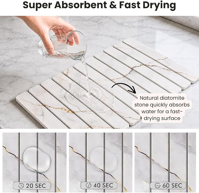 Large Stone Dish Drying Mat for Kitchen Counter, Foldable & Super Absorbent Diatomaceous Earth Drying Pad for Dishes, Cups, Bottles with Anti-Slip Mesh & Quick Dry (White Marble 24"L x 16"W)