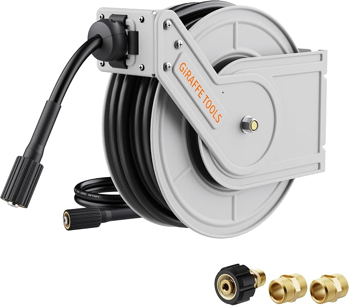 Giraffe Tools Pressure Washer Hose Reel 65ft, 3200 PSI | Power Washer Hose Reel, Automatic Rewind, Wall Mounted
