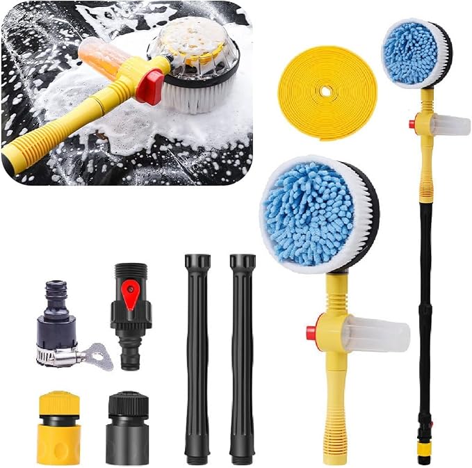 povtii Rotating Car Wash Brush, 360° Spin Auto Cleaning Brush with Long Handle, Detachable Washing Brush with Soft Chenille Bristles Universal for Most Vehicles, Car Accessories (Brush+5m Hose)