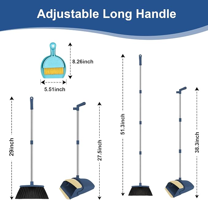 Broom and Dustpan Set, 51" Long Handle Broom with Mini Set Navy Blue | Mini Set for Tables, Kitchens & Tight Spaces, Built-in Comb Dustpan, Foldable Space-Saving Storage, Multi-Surface Use