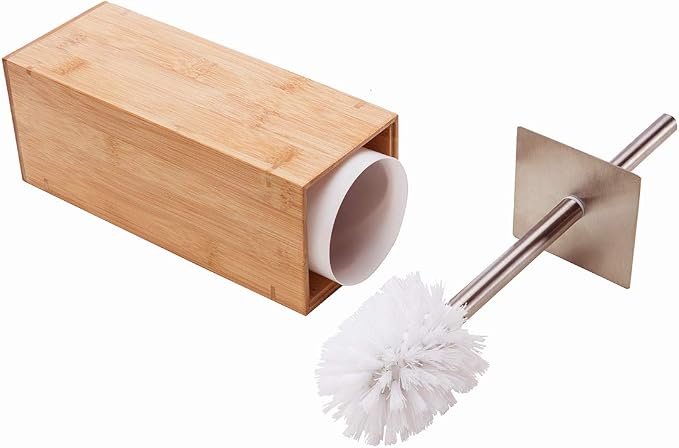GOBAM Bamboo Toilet Bowl Cleaner with Holder for All Toilet Types - Hidden Stainless Steel Toilet Brush - Bathroom Cleaning Brushes - Toilet Accessories - Natural