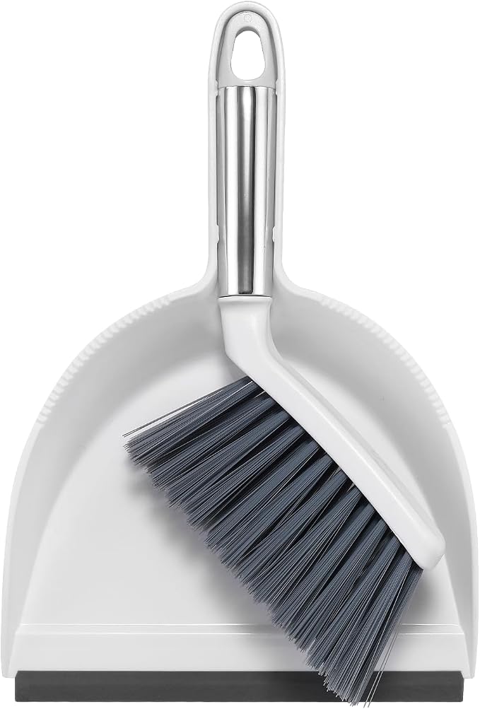 NACENA Mini Broom and Dustpan Set, Small Dust Pan and Brush Set, White&Gray | Dust Pan and Brush Set with Handle Dustpan Teeth for Cleaning Hair Suitable for Office Desks Drawers Sofas Outdoor Camping