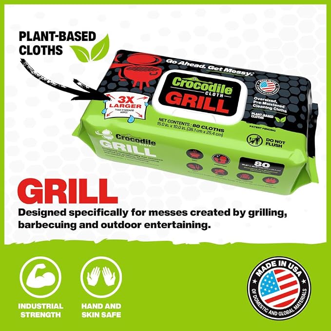 Crocodile Cloth Grill - 80 (15" x 10") Plant-based Cleaning Wipes. Safe on Skin & Multiple Surfaces. Infused with Aloe & Vitamin E. Large, Pre-Moistened & Absorbent.