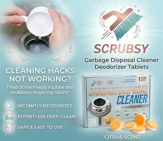 Garbage Disposal Cleaner Deodorizer Tablets 24 Pack, Powerful XL Foaming Tablet - Fresh Citrus Foam Sink Garbage Disposal Odor Freshener, Natural Kitchen Drain Cleaning Care - 1 Year Supply
