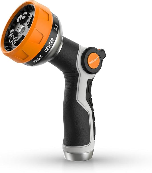 RESTMO 10-in-1 Water Hose Nozzle, Garden Hose Sprayer for Outdoor | 10 Spray Patterns, Lightweight, Thumb Control for Flow Adjustment, Ideal for Watering Plants & Lawns, Cars & Pets, Orange