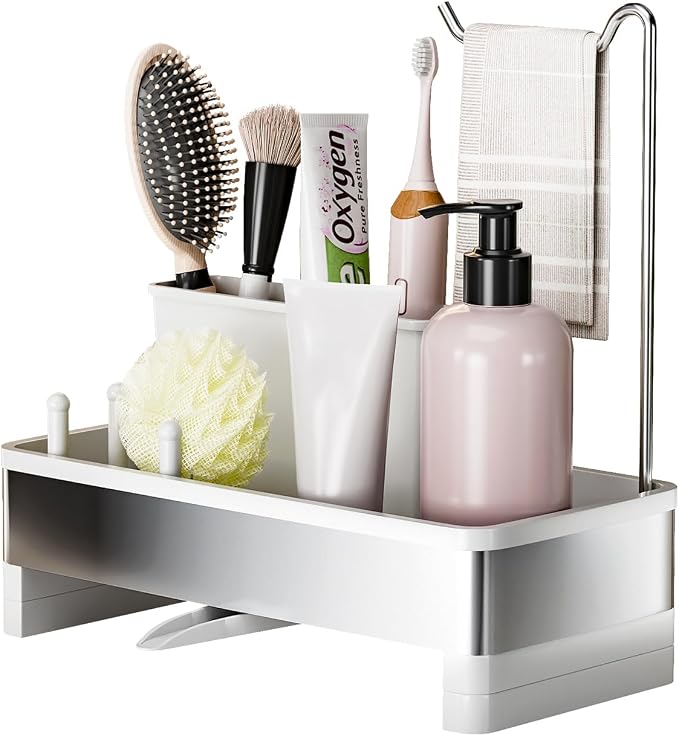 Ewaiira Sponge Holder for Kitchen Sink, Stainless Steel Sink Caddy with Brush Holder & Dishcloth Rack, Countertop Sink Organizer, Soap Dispenser Kitchen Organizers Storage Essentials (E-White 9.8″)