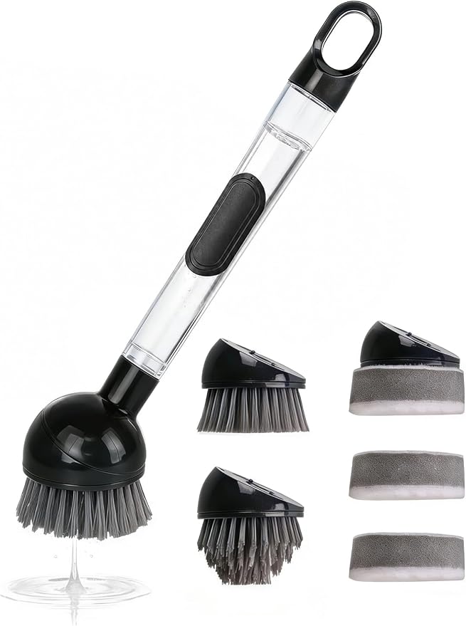 Soap Dispensing Dish Brush with Handle, 360° Rotating Head, 5-Piece Kitchen Cleaning Set (2 Brush Heads & 3 Sponges), Non-Scratch Scrubber for Pot, Pan, Sink, Leak-Proof Dishwand, Black