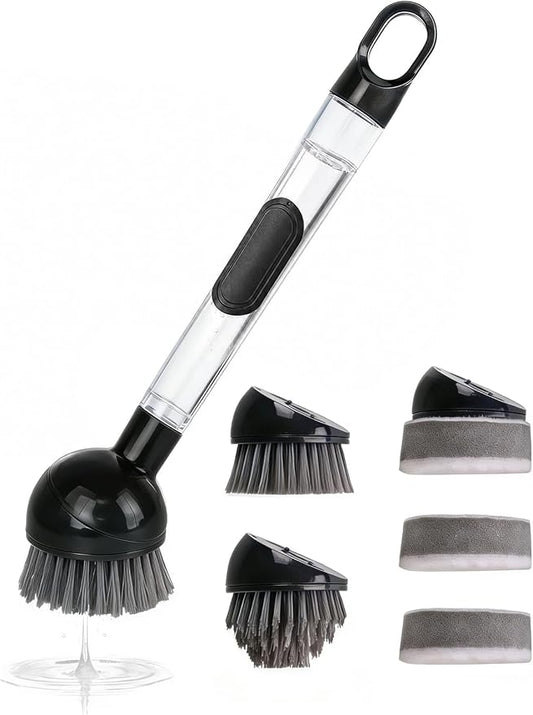 Soap Dispensing Dish Brush with Handle, 360° Rotating Head, 5-Piece Kitchen Cleaning Set (2 Brush Heads & 3 Sponges), Non-Scratch Scrubber for Pot, Pan, Sink, Leak-Proof Dishwand, Black