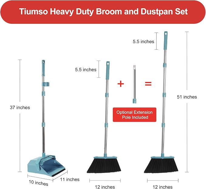 Tiumso Upgrade Broom and Dustpan Set, Broom with Dustpan Combo Sets, Large Brooms and Dust Pan with Handle, Self-Cleaning Dust Pans, Heavy Duty Broom and Dustpans Set for Lobby Kitchen Office - Green