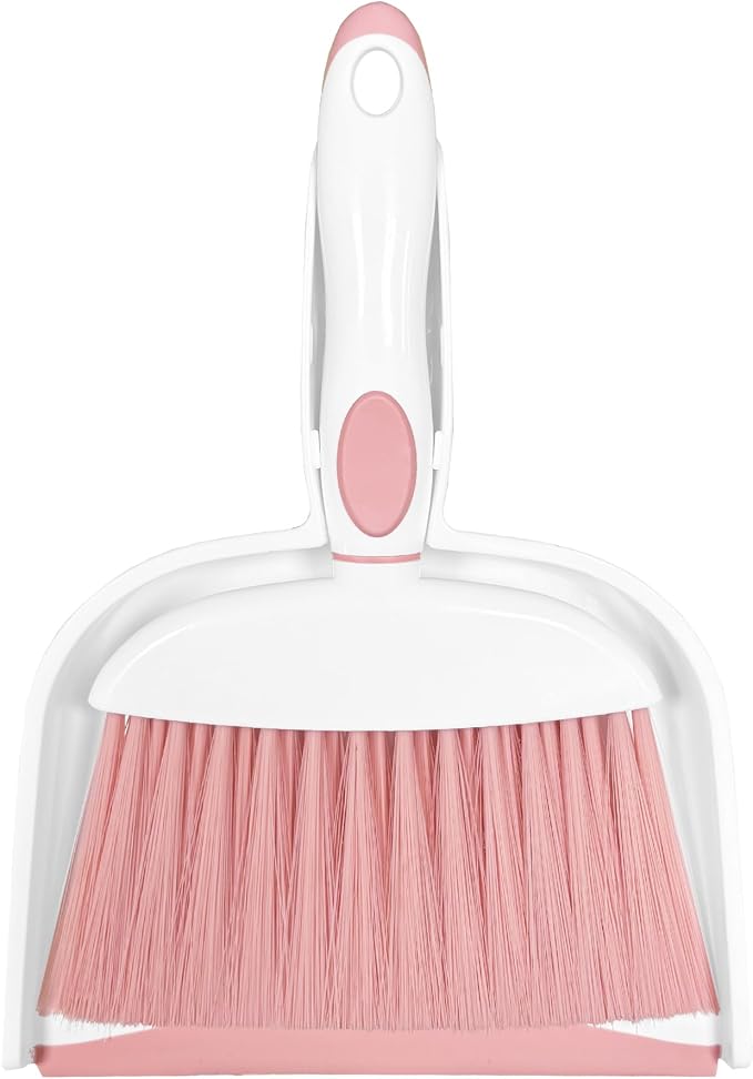 Mini Broom and Dustpan Set Small Broom with Dustpan Combo Set Portable Cleaning Tools for Home Office RV Learning Camping (White+Pink)