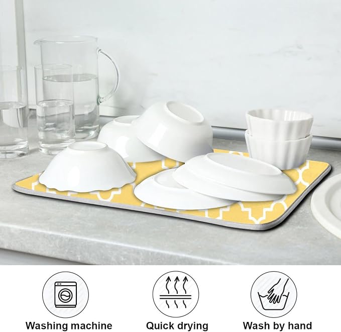 Super Absorbent Dish Drying Mat, Microfiber Fast-Drying Dish Mat, 16" x 18", Kitchen Dish Drying Pad, Quatrefoil Lattice Yellow Pattern
