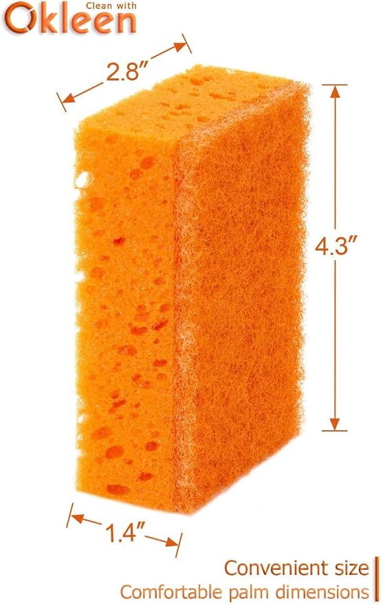 Orange Multi Use Scrub Sponge. Made in Europe. 9 Pack, 4.3x2.8x1.4 inches. Odorless Heavy Duty and Non Scratch Fiber. Durable and Delicate Scrubber for Dirty Surfaces in Kitchen, Home, Outdoors