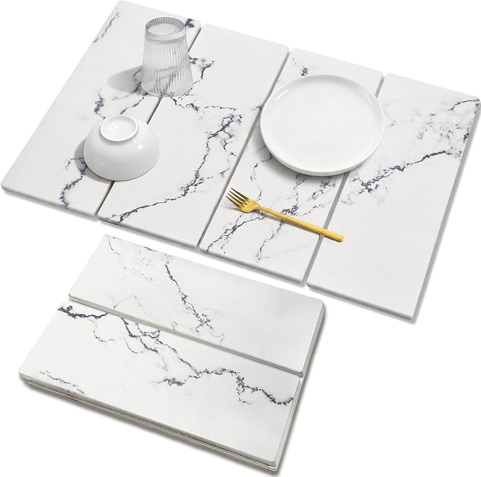 Large Stone Drying Mat for Kitchen Counter, 24"x16" Collapsible Quick Dry Dish Drying Mat, Water-Absorbent Marble Diatomaceous Earth Mats for Bottles Cups Dishes, Match Any Countertop
