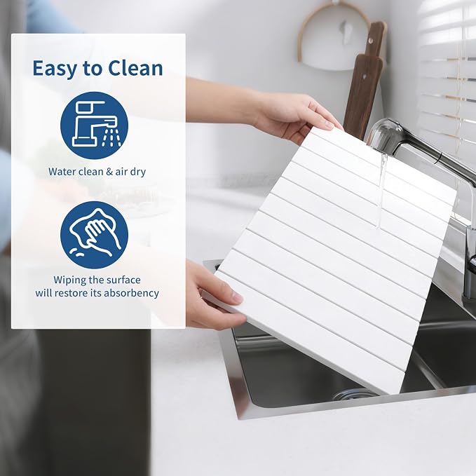 Hopegiver Stone Drying Mat for Kitchen Counter, 24" x 16" Quick Dry Diatomaceous Earth Dish Drying Mat, Super Absorbent, Non-Slip & Foldable, Modern White Countertop Mat (White,24''x16'')