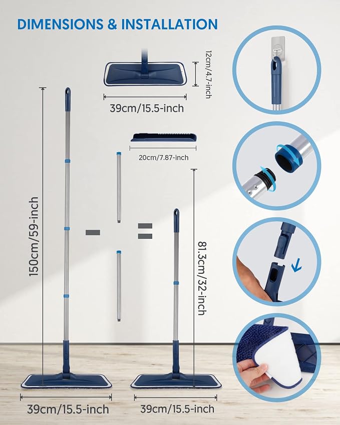 BPAWA Microfiber Mops for Floor Cleaning: Flat Mop for Wood Laminate Tile | 4 Washable Chenille Pads fit for Swiffer PowerMop, 59" Adjustable Handle, Dry Wet Mopping Home Hardwood Vinyl Multi-surfaces