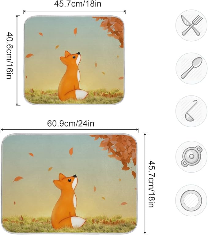 Absorbent Dish Drying Mat for Kitchen Counter - Cute Fox Microfiber Drying Pad, Reversible Drainer Mats for Countertop, Lager 18 x 24 inch