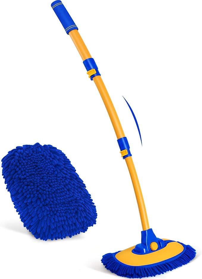 Ordenado 15°Curved Car Wash Brush with Long Handle, 43" Car Cleaning Brush with Extension Pole, Microfiber RV Wash Mop Scratch-Free, Exterior Washer Mop for Washing Roof Truck Camper SUV Caravan Blue