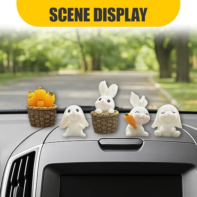 5PCS Cute Mini Rabbit Car Dashboard Decorations, Resin Cartoon Figurine Set for Rear View Mirror & Center Console Ornaments, Funny Car Interior Accessories for Home Office Desk (Rabbit)