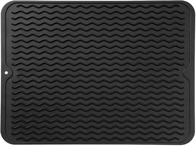 MicoYang Silicone Dish Drying Mat — Quick-Dry Ridges Counter & Sink Pad, Heat-Resistant Trivet to 450°F, Non-Slip & Dishwasher Safe, Roll-Up Storage, 18 Colors & 9 Sizes (Black, 16"×12")