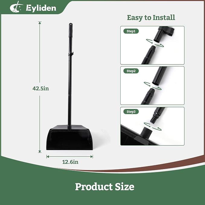 Eyliden Large Commercial Dustpan with Comb Teeth, Upright | Heavy Duty Dust Pan for Restaurants Garages Courtyard Sidewalks Lobby Home Kitchen Room Office Classroom, Black