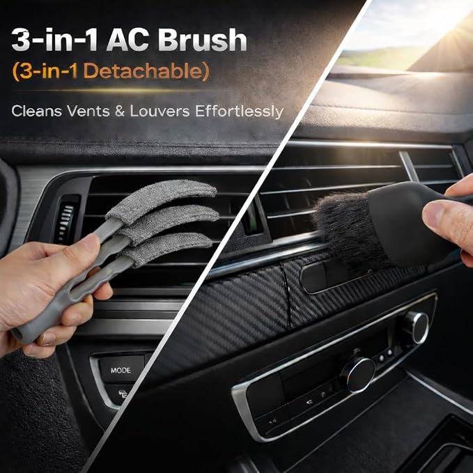 15PCS Interior Cleaning Kit Graded Boar Brush 160g Gel Swivel Glass Tool | Scratch-free vent duster microfiber pads waterproof bag, car & home dual use, practical holiday gift for car lovers