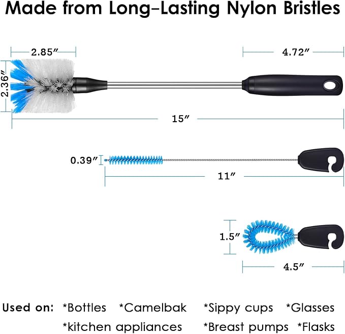 MOSOLAN 3-in-1 Stainless Steel Bottle Brush and Straw Cleaning Set, Long Handle Scrub Brush with Replaceable Head for Water Bottles, Glasswares, Mugs, Flasks, Tumblers, Vases, Flat Head