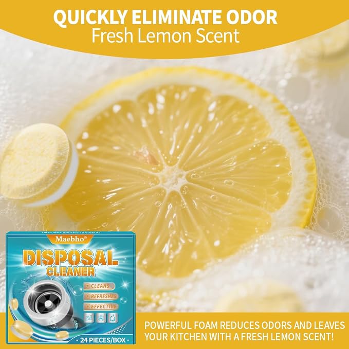 Garbage Disposal Cleaner and Deodorizer Tablets 24-Pack,Septic Safe Sink and Drain Foaming Clean Tablets,Quickly Eliminates Odors,Powerful Foaming Action,Lemon Scent – 1-Year Supply