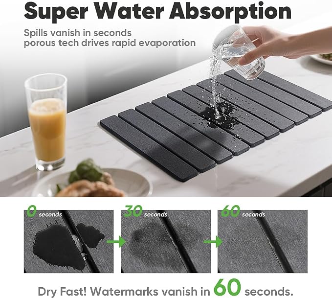 Stone Drying Mat for Kitchen Counter, Quick Diatomaceous Earth Mats for Dishes, 24"L x 16" W Super Absorbent Fast-Drying Collapsible Countertop Stone Mat (Dark Grey, 24" x 16")