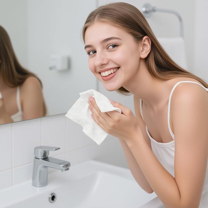 Classycoo 200 PCS Disposable Compressed Towels Tablets- Individually Wrapped Face Towel Travel, Portable Mini Magic Clean Towelettes Daily Single, Camping(Alcohol-Free, Odorless, Pink+White)