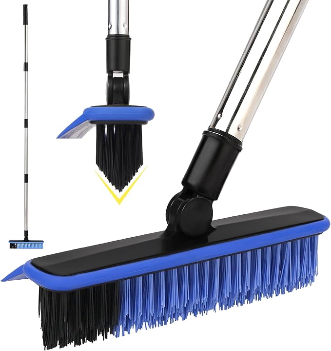 Grout Cleaner Brush with Long Handle, V-Shaped Floor Scrub Brush Swivel Grout Brush Stiff Bristle Floor Grout Scrubber for Bathroom, Tile Line, Crevice, Kitchen, Wall, Deck, Garage (Blue)