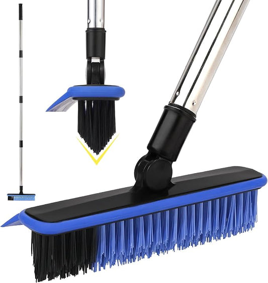 Grout Cleaner Brush with Long Handle, V-Shaped Floor Scrub Brush Swivel Grout Brush Stiff Bristle Floor Grout Scrubber for Bathroom, Tile Line, Crevice, Kitchen, Wall, Deck, Garage (Blue)