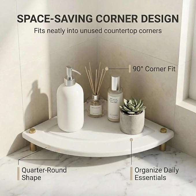 Corner Counter Shelf, Water Absorbing Stone Drying Tray Mat for Kitchen & Bathroom Sink, Diatomaceous Gold Faucet Coaster Soap Dish Rack Riser Dispenser Sponge Holder, White, 8.5" x 8.5"