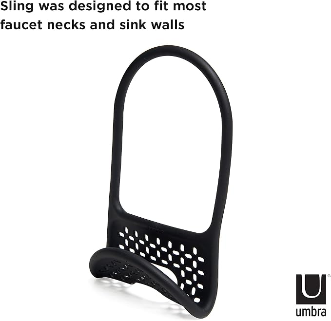 Umbra Sling Sponge Holder for Kitchen Sink – No Suction Cups, Flexible Caddy for Sinks and Faucets, Modern Design, Black