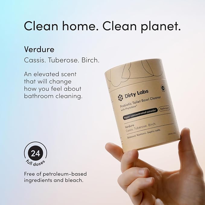 Dirty Labs | Probiotic Toilet Bowl Cleaner Powder | with Phytolase Bio Enzymes | 24 Doses | Septic-Safe, Biodegradable, Bleach-Free | Verdure Scent (Cassis. Tuberose. Birch.)