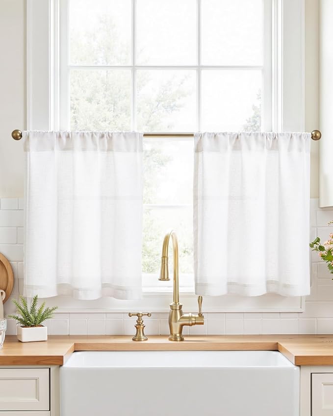 jinchan Modern Linen Rod Pocket Tier Curtains, 26x24, 2 Panels, White | Light filtering, cafe curtains, machine washable, farmhouse, kitchen, bathrooms, laundry, small window, over sink