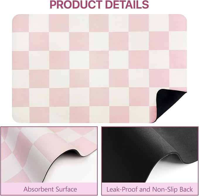Dish Drying Mat for Kitchen Counter,16"x 24" Super Absorbent Kitchen Dish Drying Pad, Heat Resistant Drainer Mats with Non-slip Rubber Backed, Pink Checkered Coffee Bar Station Accessories