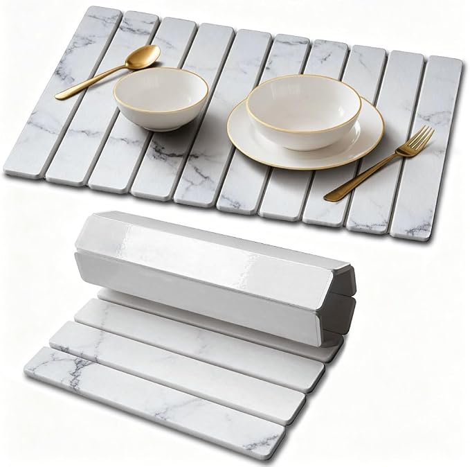 Stone Drying Mat for Kitchen Counter, Quick Diatomaceous Earth Mats for Dishes, 24"L x 16" W Super Absorbent Fast-Drying Collapsible Countertop Stone Mat (Marble White, 24" x 16")