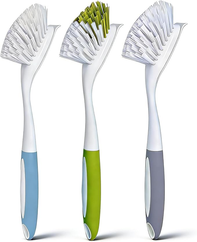 Dish Brush Scrub Brush with Handle - 3 Pack Stiff Bristles Dish Scrubber for Cleaning Dishes, Pots, Pans, Sink, Cast Iron - Hard Bristles,No Residue