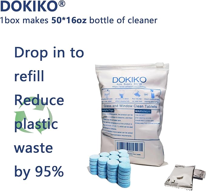 DOKIKO Glass Cleaner Refill Tablets - 50 Eco-Friendly Refill Packs,800fl oz Spray,Plastic-Free Formula for Windows, Mirrors & Windshields