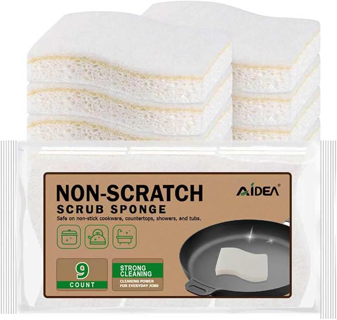AIDEA Sponges Kitchen, 9Count, Non-Scratch Scrub Sponge, Natural Sponge for Non-Stick Cookware, Cellulose Sponges for Dishes, Cleaning Power for Kitchen, Bathroom, Household