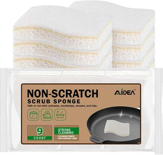 AIDEA Sponges Kitchen, 9Count, Non-Scratch Scrub Sponge, Natural Sponge for Non-Stick Cookware, Cellulose Sponges for Dishes, Cleaning Power for Kitchen, Bathroom, Household