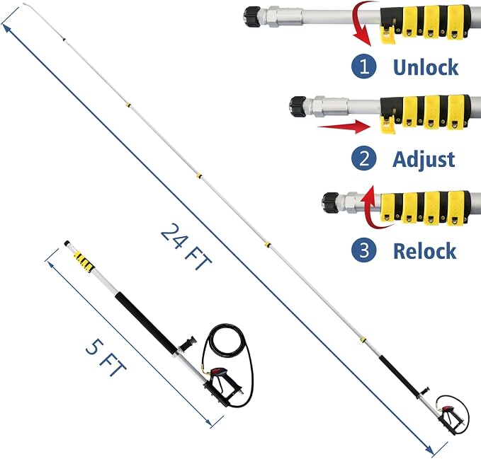 janz Aluminum 24 FT Telescoping Pressure Washer Wand with Pressure Washer Extension Wand,Gutter Cleaner Attachment, 5 Spray Nozzle Tips, 2 Hose Inlet Adapters and Support Harness | Gutter Cleaner Attachment, 5 Spray Nozzle Tips, 2 Hose Inlet Adapters a...