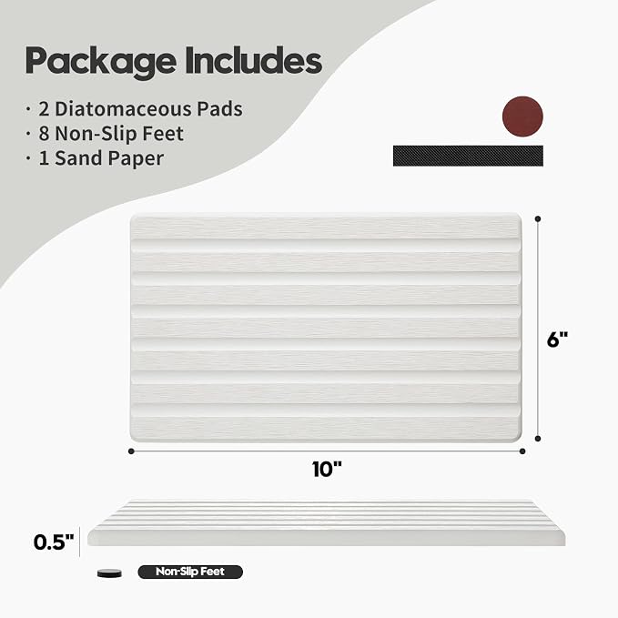 Razborci 2PCS Water Absorbing Stone Drying Tray Mat for Bathroom Sink & Kitchen Counter Organizer, Quick Dry Dish Soap Dispenser Sponge Holder, Vanity Sink Caddy, Drink Bar Coaster, White - 10"*6"