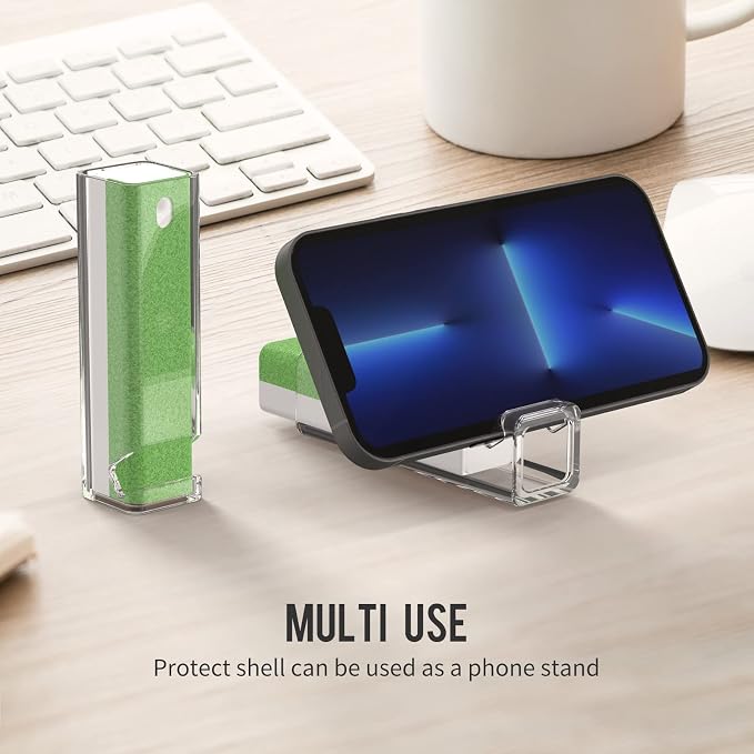 CLICK CLEAN Screen Cleaner Spray with Phone Stand Case & Microfiber | 2-in-1 Cleaner & Phone Stand, Streak-Free Cleaning, Gentle Formula, For Phone Laptop Tablet Screens, Green, 0.5oz