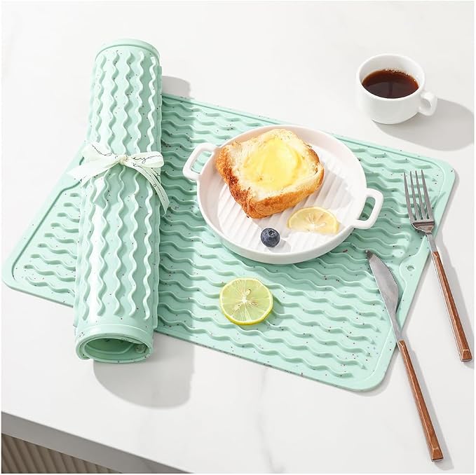 CAKETIME 2 Pack Multicolor Silicone Dish Drying Mat for Kitchen Counter Placemats Cooking Must Haves Household Dining Finds Simple Bathroom Dryer Rubber Work Place Covers 15"x11.5" Green